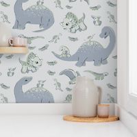 Cute Dinosaurs - SOFT SILVER - Baby Animals_pastel tones _ medium scale