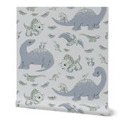 Cute Dinosaurs - SOFT SILVER - Baby Animals_pastel tones _ medium scale