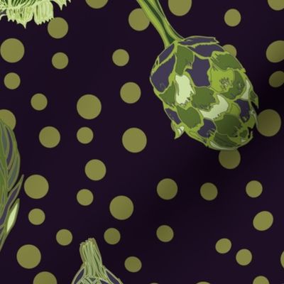 Artichokes scattered on black background and olive polkadots on fabric 20 inches