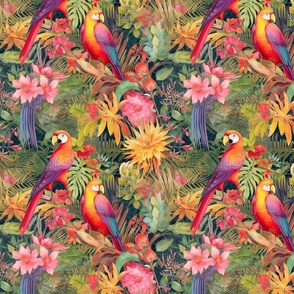 Tropical Tranquility: A Paradise of Parrots, Flowers, and Ethereal Beauty