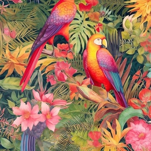 Jumbo Tropical Tranquility: A Paradise of Parrots, Flowers, and Ethereal Beauty