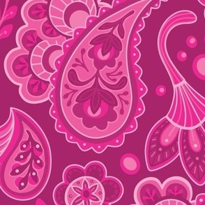 Monochromatic hand drawn hot pink paisley - large scale, bedding