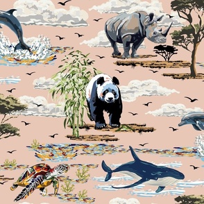 Whale, Dolphin, Sea Turtle, Rhinoceros, Giant Panda, Endangered Wild Animal Species, Painterly Wildlife and Sea Life