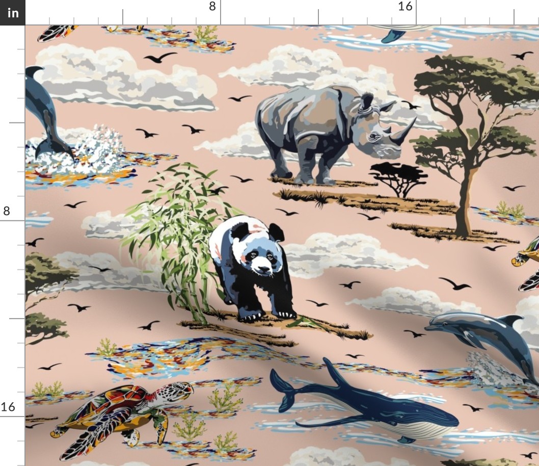 Whale, Dolphin, Sea Turtle, Rhinoceros, Giant Panda, Endangered Wild Animal Species, Painterly Wildlife and Sea Life