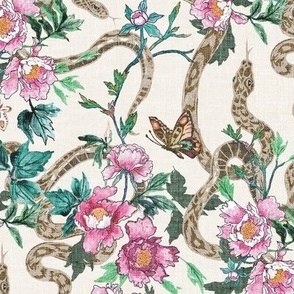 Snake and peony (cream/green) MED 