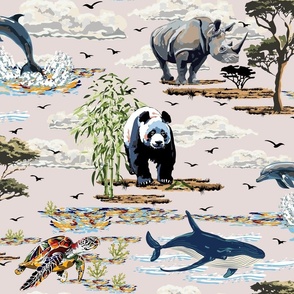 Wild Animal Decor Marine Life, Sea Life Natural Habitat, World of Wildlife, Wild Animals, Whale, Swimming Dolphin, Colorful Sea Turtle, Rhinoceros, Black and White Giant Panda, Endangered Animal Species, Vintage Baby Pink, Blue Gray Whales, Green Bamboo T
