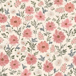 Medium - Sweet Floral Field - Cosmos, Dainty Florals, Roses, Blooms - Blush, Ivory, Blue, Navy, Green 