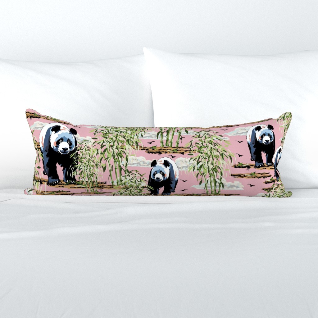 Lovable Pandas, Black and White Panda, Green Bamboo Shoots Forest on Pink