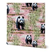 Lovable Pandas, Black and White Panda, Green Bamboo Shoots Forest on Pink