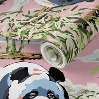 Lovable Pandas, Black and White Panda, Green Bamboo Shoots Forest on Pink