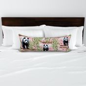 Lovable Pandas, Black and White Panda, Green Bamboo Shoots Forest on Pink