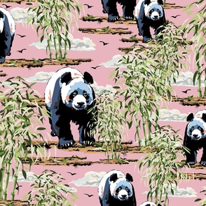 Lovable Pandas, Black and White Panda, Green Bamboo Shoots Forest on Pink
