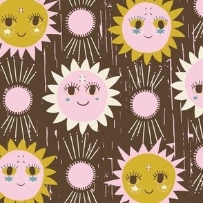 LARGE: Smiles of the Sun: Textured Brown Background with Friendly Pink-Yellow Suns