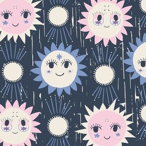 LARGE: Smiles of the Sun: Textured Dark Blue Background with Friendly Pink-Light Blue Suns