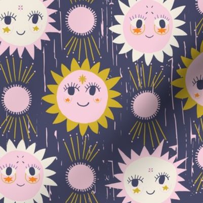 LARGE: Smiles of the Sun: Textured Dark Blue Background with Friendly Yellow-white Suns