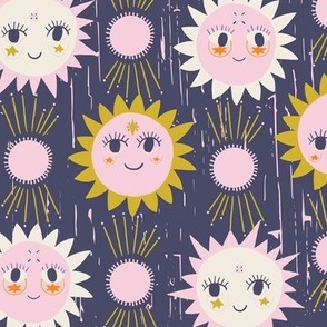 LARGE: Smiles of the Sun: Textured Dark Blue Background with Friendly Yellow-white Suns