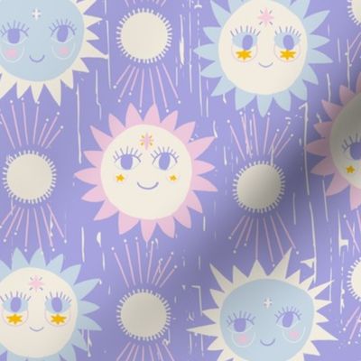 LARGE: Smiles of the Sun: Textured Light Purple Background with Friendly Pink- Blue Suns