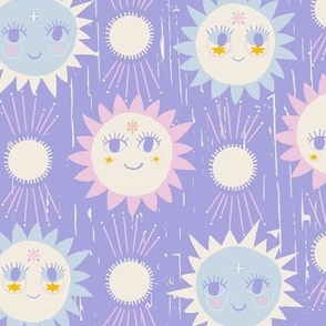 LARGE: Smiles of the Sun: Textured Light Purple Background with Friendly Pink- Blue Suns