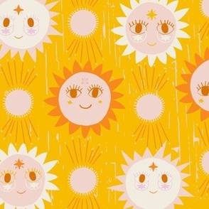 LARGE: Smiles of the Sun: Textured Yellow  Background with Friendly orange and white Suns