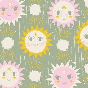 LARGE: Smiles of the Sun: Textured Green Background with Friendly Pink & Yellow Suns