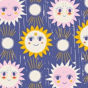 LARGE: Smiles of the Sun: Textured Blue Background with Friendly Pink & Yellow  Suns