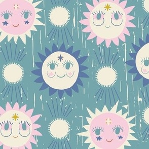 LARGE: Smiles of the Sun: Textured Green Background with Friendly Pink and Blue Suns