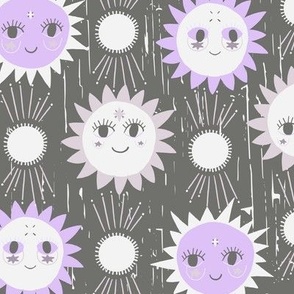 LARGE:Smiles of the Sun: Textured Dark Grey Background with Friendly Pink Suns