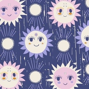 LARGE: Smiles of the Sun: Textured Dark Blue Background with Friendly Pink Suns