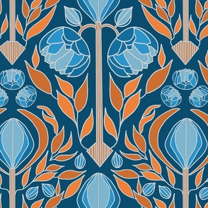 Art deco peonies in blue and orange, 15" 