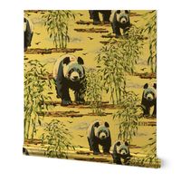 Maximalist Black and White Giant Pandal Family, Leafy Green Bamboo Shoot Forest on Yellow