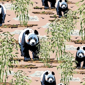 Maximalist Pink Giant Panda Family, Black White Pandas, Peaceful Leafy Green Bamboo Shoot Forest