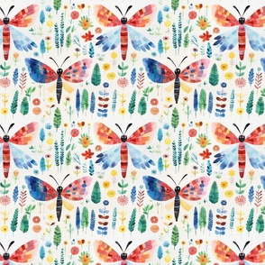 Watercolor Painted Butterflies Flowers  Primary Colors Bright Floral Flowers Botanical Whimsical Children Nursery