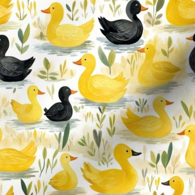 Cute Preschool Yellow & Black Ducks in the White Puddle: Playful Kids' Ducklings Fun Nature 