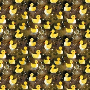 Cute Yellow Rubber Ducks in Brown Puddle with Reeds: Nature Ducklings Playful Fun Preschool Kids Fabric Outdoors