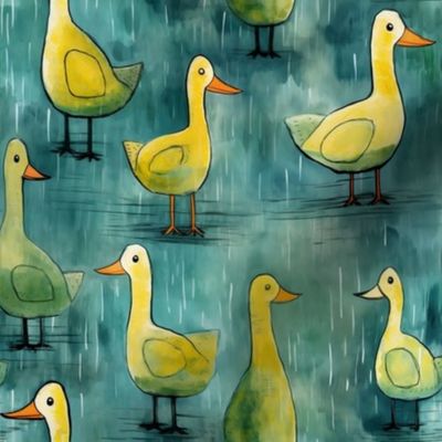 Watercolor Yellow Ducks in Rain Puddle, Whimsical Blue, Fun Kids Fabric Preschool Children