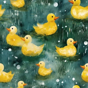 Rainy Day Rubber Duckies in a Puddle Whimsical Kids Nursery Fabric Nauture Ducks Yellow and Blue Watercolor 