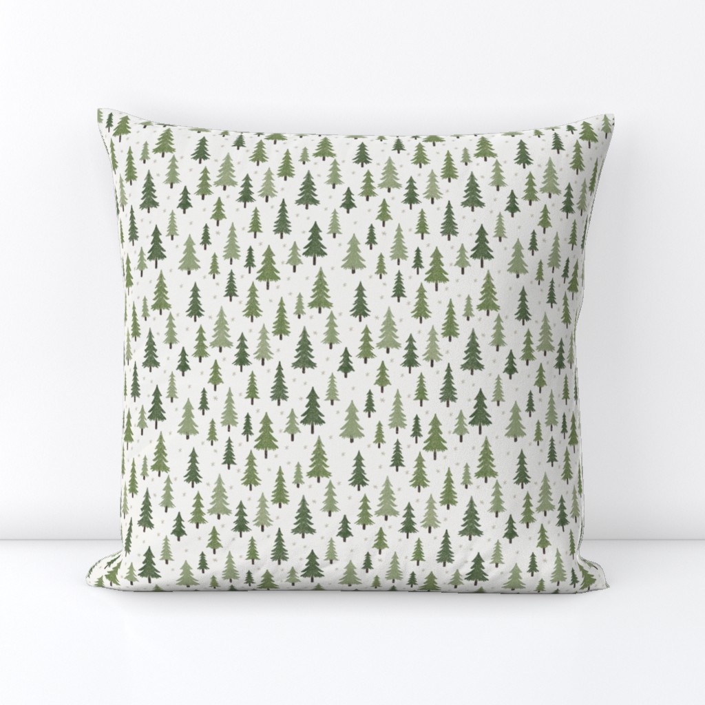 444 $ - small scale pine fir Christmas trees in a snow landscape with stars for tablecloths, xmas children’s apparel, baby’s first Christmas, patchwork quilting gift bags and kitchen linen 