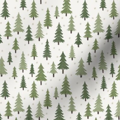 444 $ - small scale pine fir Christmas trees in a snow landscape with stars for tablecloths, xmas children’s apparel, baby’s first Christmas, patchwork quilting gift bags and kitchen linen 