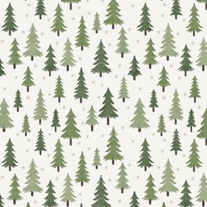 444 $ - small scale pine fir Christmas trees in a snow landscape with stars for tablecloths, xmas children’s apparel, baby’s first Christmas, patchwork quilting gift bags and kitchen linen 