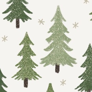 444 $ - Jumbo  scale pine fir Christmas trees in a snow landscape with stars for tablecloths, xmas children’s apparel, baby’s first Christmas, patchwork quilting gift bags and kitchen linen 