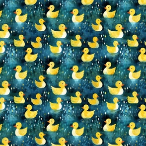 Cute Yellow Rubber Ducks in Blue Puddle with Reeds: Nature Ducklings Playful Fun Nursery Kids Fabric Outdoors