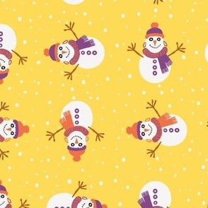 Snowmen with Orange and Purple scarf doing Cartwheels on Yellow Gold