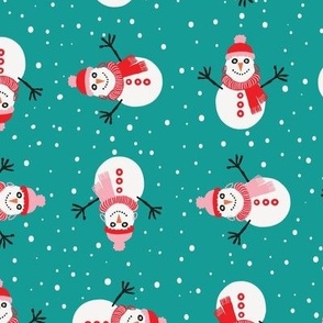 Snowmen with Pink and Crimson Red scarf doing Cartwheels on Aqua Blue