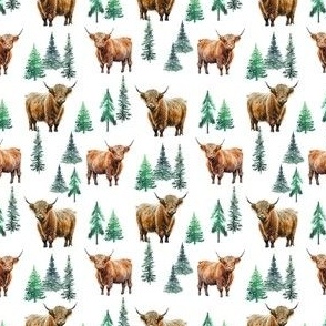 Highland Cow winter evergreen fabric -fir tree christmas 4in