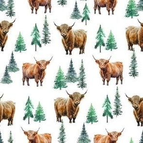 Highland Cow winter evergreen fabric -fir tree christmas 6in