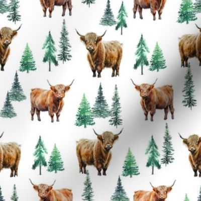 Highland Cow winter evergreen fabric -fir tree christmas 8in