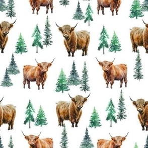 Highland Cow winter evergreen fabric -fir tree christmas 8in
