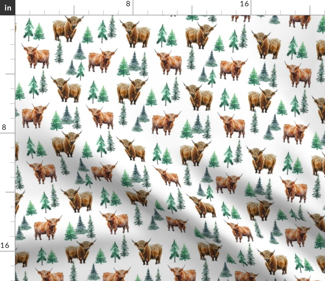 Highland Cow winter evergreen fabric -fir tree christmas 8in