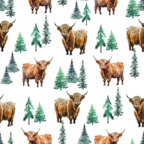 Highland Cow winter evergreen fabric -fir tree christmas