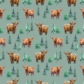 Highland Cow Winter fabric - fir tree_ evergreen winter design 4in